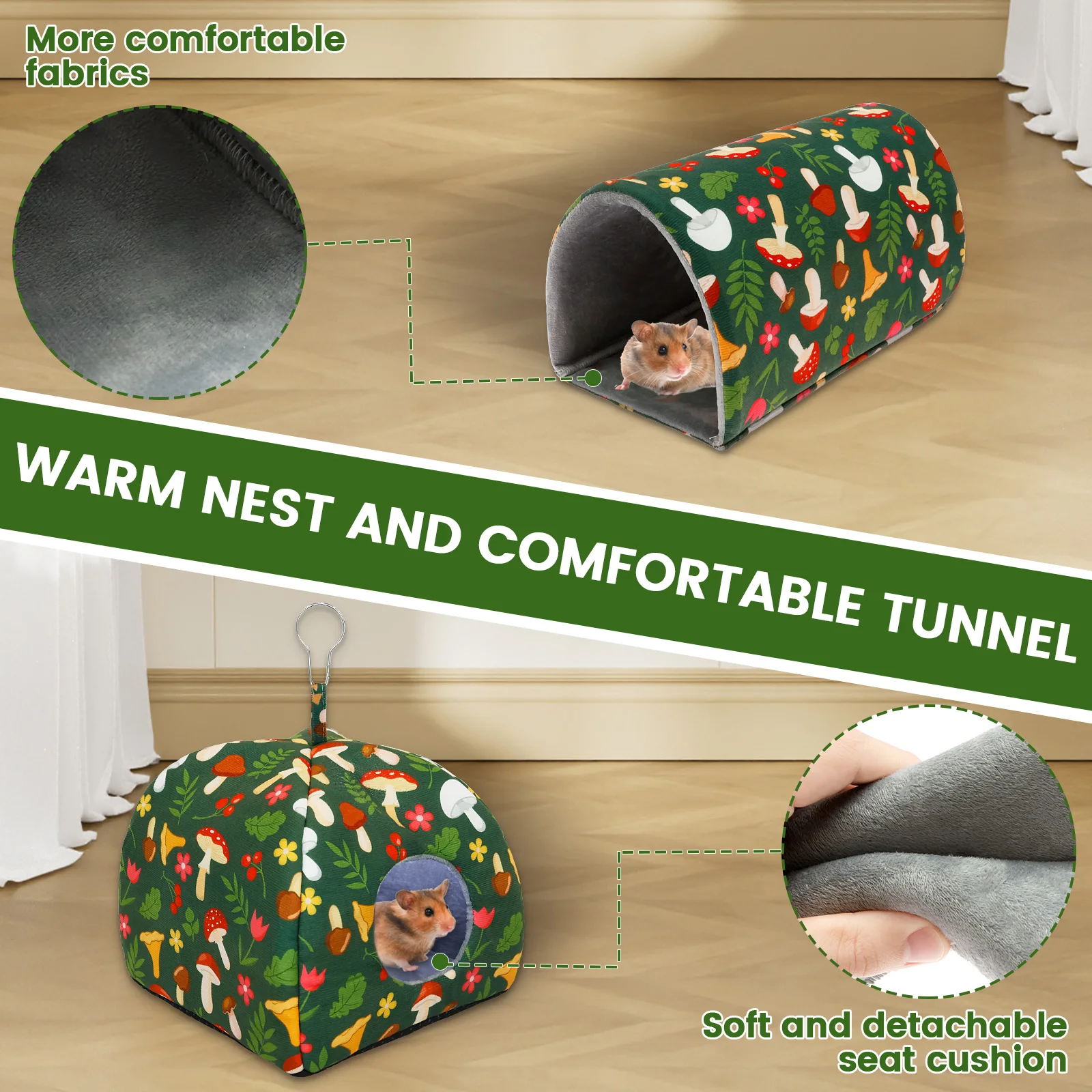 2Pcs Guinea Pig House Polyester Cute Cartoon Rabbit Squirrel Mini Cage Small Animal Toy Pet Sleeping Bed Hamster Tunnel Soft Mat