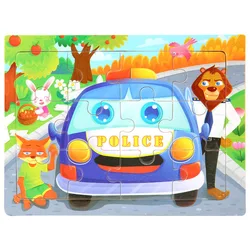 Montessori 3D Cartoon Animal Wooden Jigsaw Puzzle Set - Educational Toy (Polic Car)