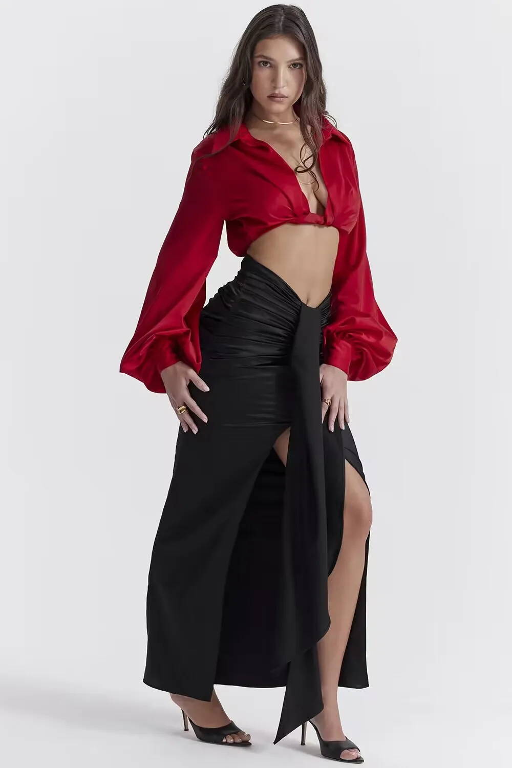 

Turn-down Collar Lantern Sleeve Long Bandage Suits Skirt High Waist Slim Mini Skirts Two Piece Sets For Women Evening Party