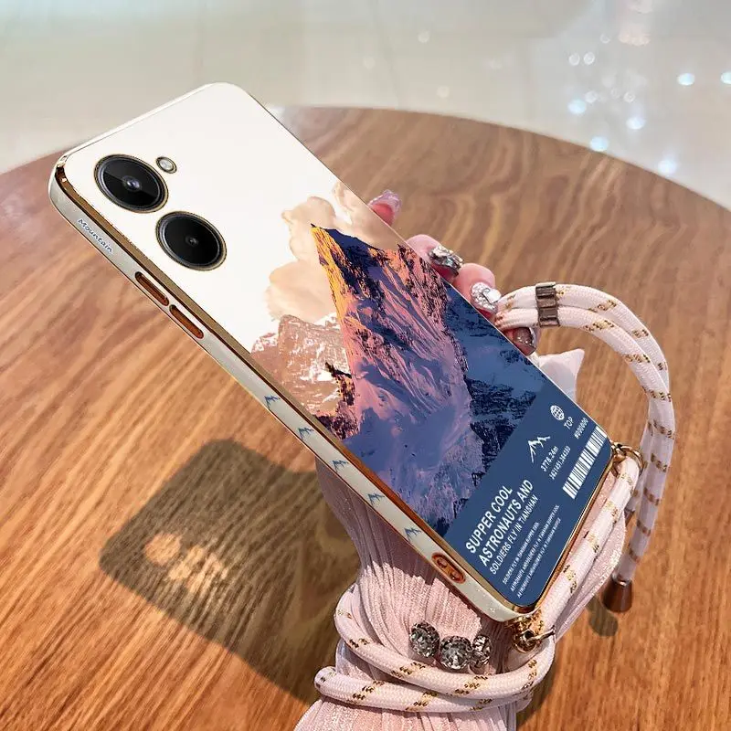

Mountaintop View Lanyard Plating Phone Case For OPPO Realme 10 9 9i 8 8i 7 7i 6 Pro Plus C35 C30 C31 C25 C25S C20 C21Y Cover