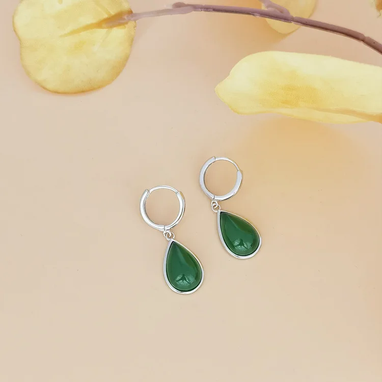 100% 925 Sterling Silver retro Feng Shui drop shaped green jade earrings