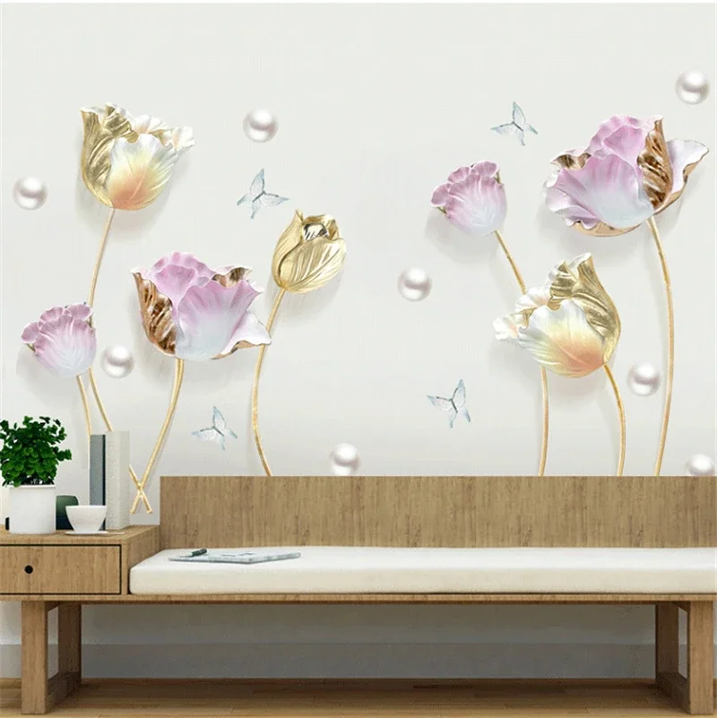 3D Wall Murals Tulip Flowers Wall Stickers Butterfly Decals Living Room Decoration Background Hallway Art Poster Home Decor wall stickers