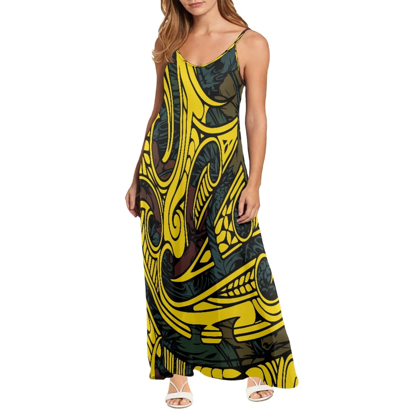 

Polynesian Tribal Fijian Totem Tattoo Fiji Prints Women Holiday Beach Party New Fashionable V Neck Sleeveless Beautiful Dress