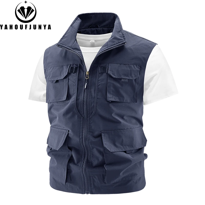 Men's Sleeveless Outdoor Casual Vest Summer Fishing Multiple Pockets Solid Stand Collar Zipper sleeveless vest sleeveless vests fashionable vests