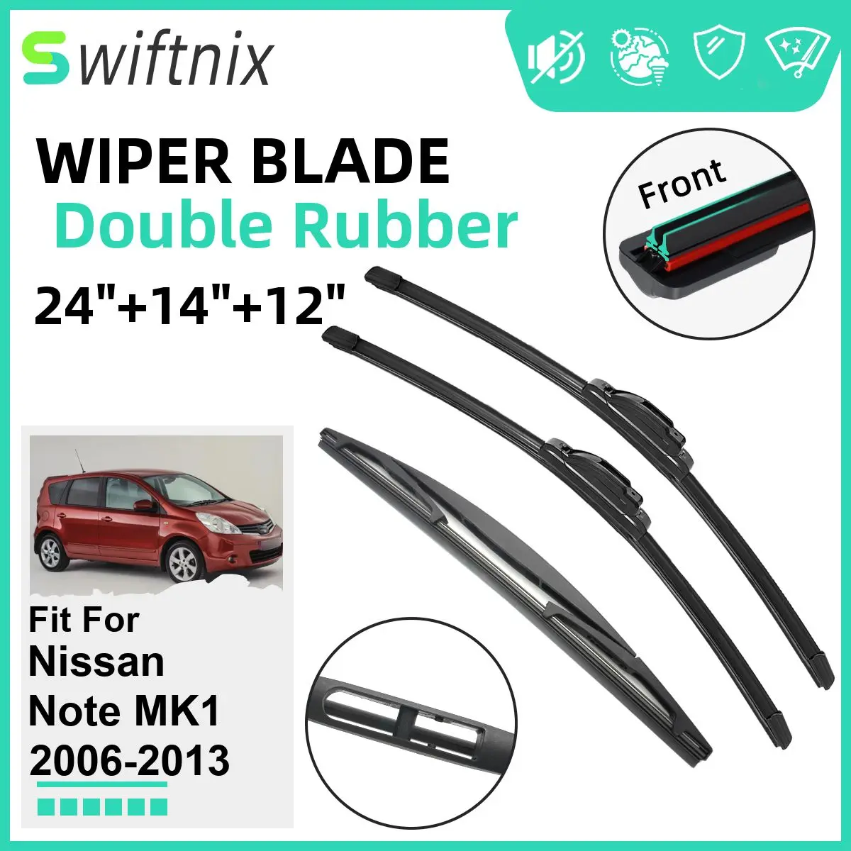 

Двойные резиновые автомобильные дворники для Nissan Note MK1 2006-2013, стеклоочистители, резиновые автомобильные аксессуары 2009 2010 2011 2012 2013