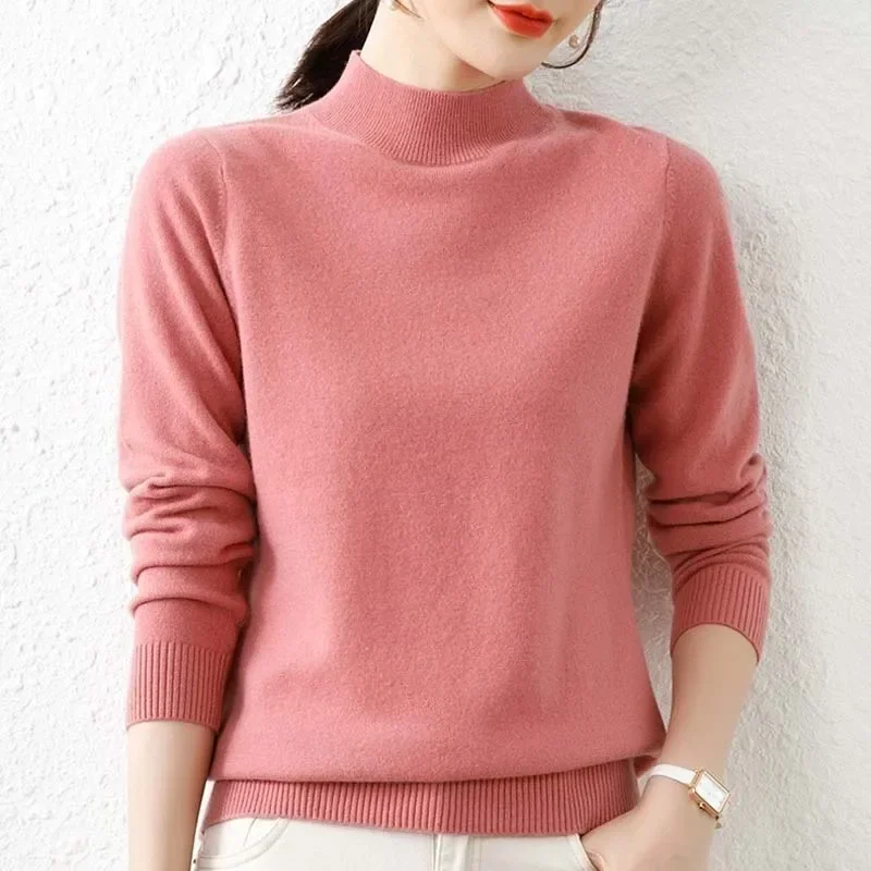 

Office-lady Knitted Tops Autumn Winter Elegant Warm Clothes Long Sleeve Half Turtleneck Fashion Pullovers Women Sweater 29070