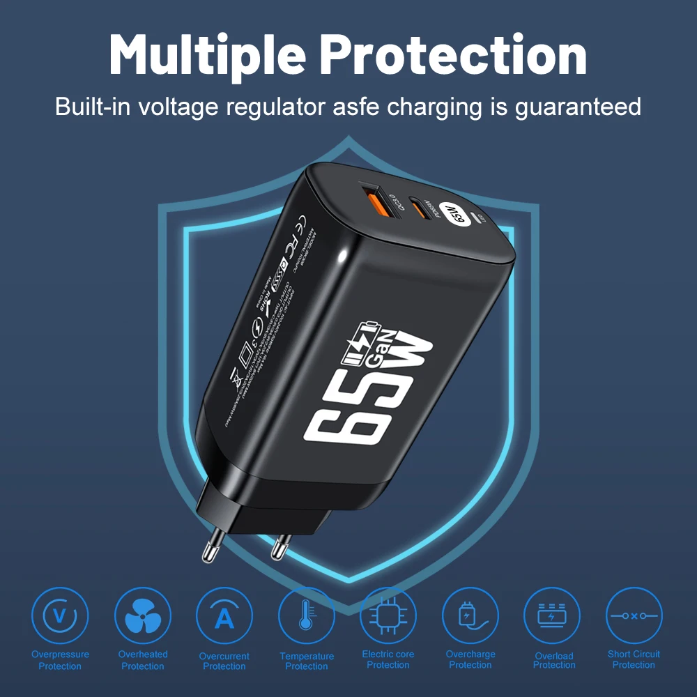 GaN Fast Charging 65W USB Type C Charger Quick Charge 3.0 Wall Adapter For iPhone 15 Xiaomi Huawei Samsung Mobile Phone Charger