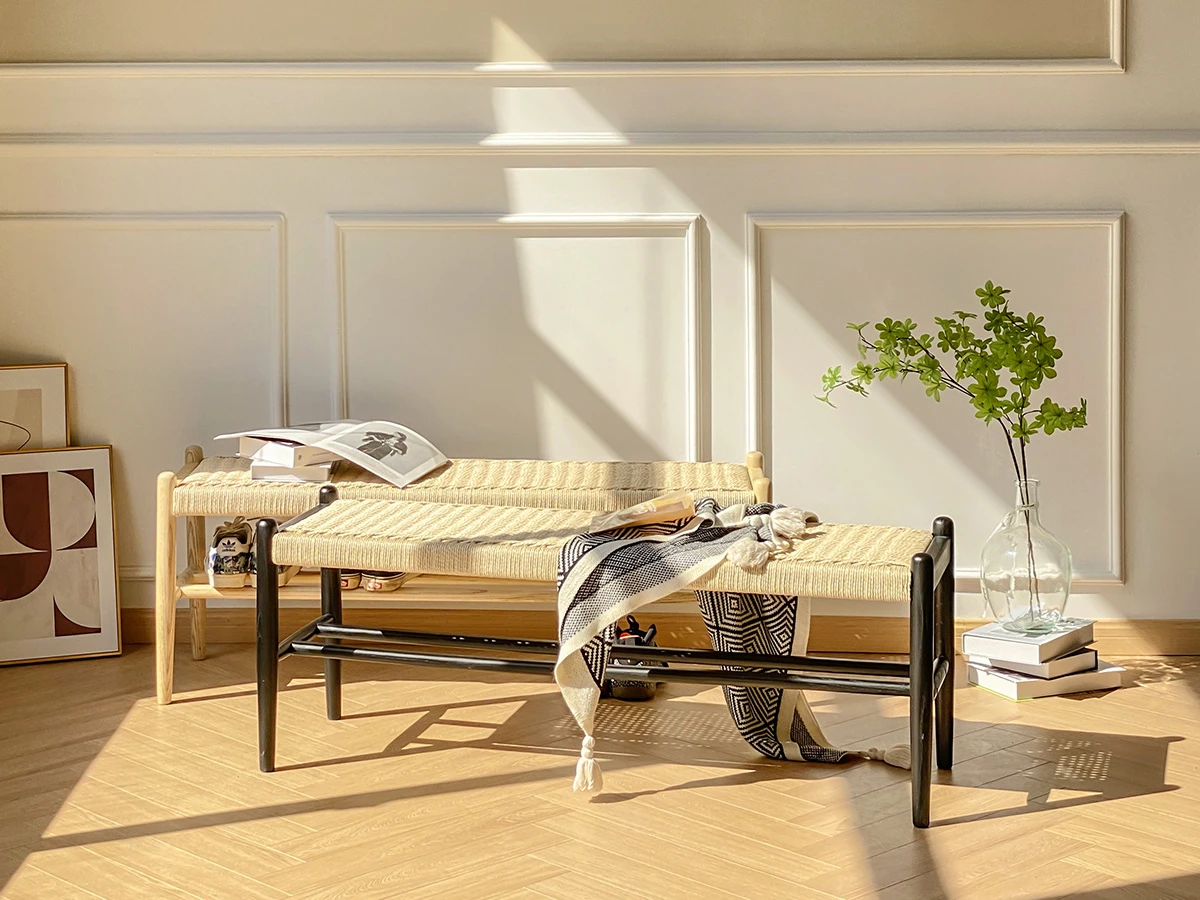 

Solid wood rope woven bed end stool, bedroom bedside stool, light luxury, modern bench, shoe changing stool at the entrance