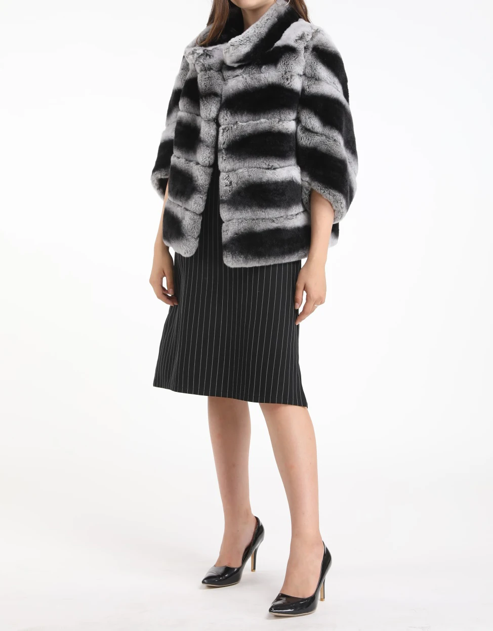 half sleeve striped rex rabbit fur lapel chinchilla coat 1907013