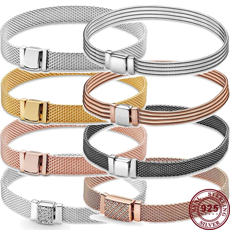 Hot Selling 925 Silver Reflexions Series Woven Mesh Original Women's Logo Multi Loop Watch Bracelet Wedding DIY Charm Jewelry