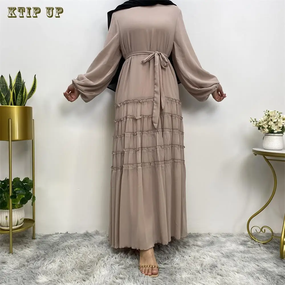 

Ramadan Caftan Dubai Arab Middle East Muslim Fashion Double Chiffon Net Color Large Hem Loose Robe Islamic Dress Turkish Abaya