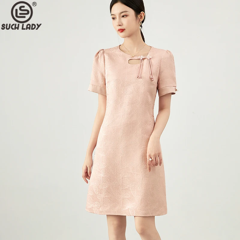 

Women's Dresses O Neck Short Sleeves Dobby Jacquard Bow Destailing Elegant Chinese Style Mini Vestidos