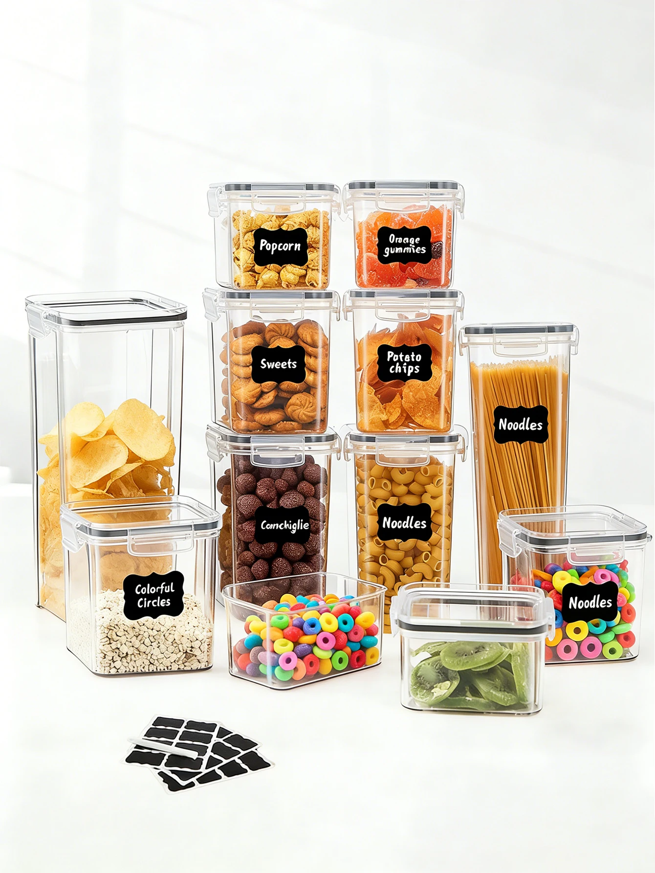 9Pcs Set Food Storage Container Set Plastic 4-Side Locking Lid Multi-Size Bulk Pack with Chalkboard Labels Kitchen Pantry Storage Grain Flour Moisture-Proof Management Clear Containers with Lids Pantry Organization