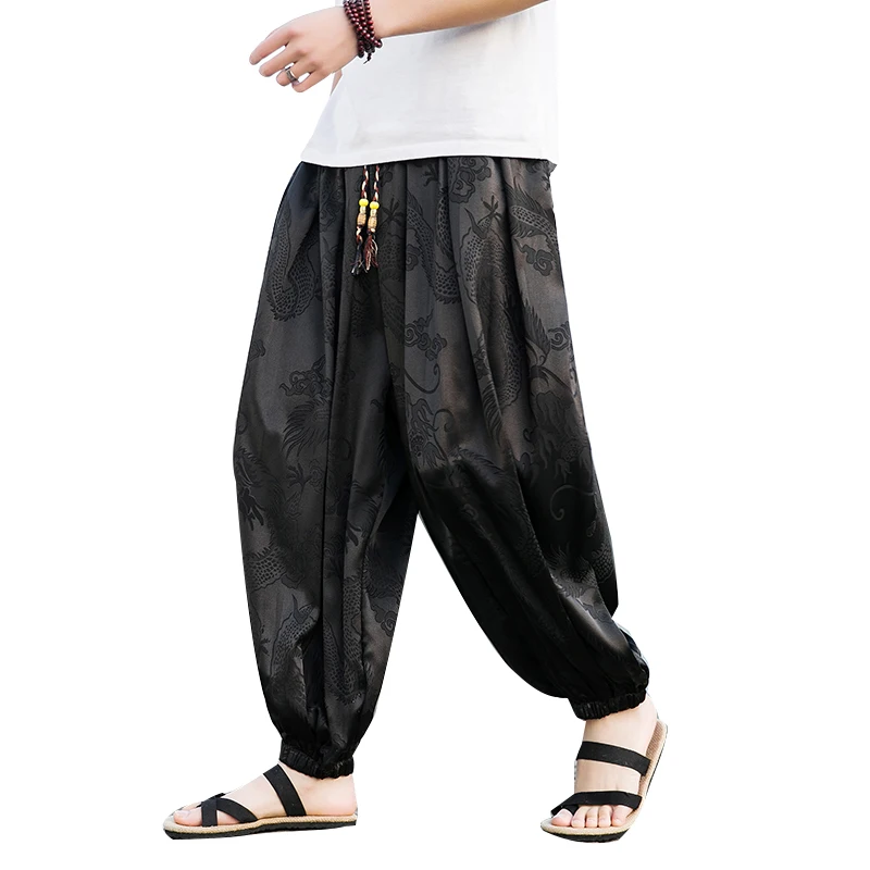 Description Picture 2 of itemSummer Ice Silk Dragon Pattern Pants Men's Beach Bloomers Retro Casual Wide-leg Flower Pants Harajuku Fashion Jogging Pants