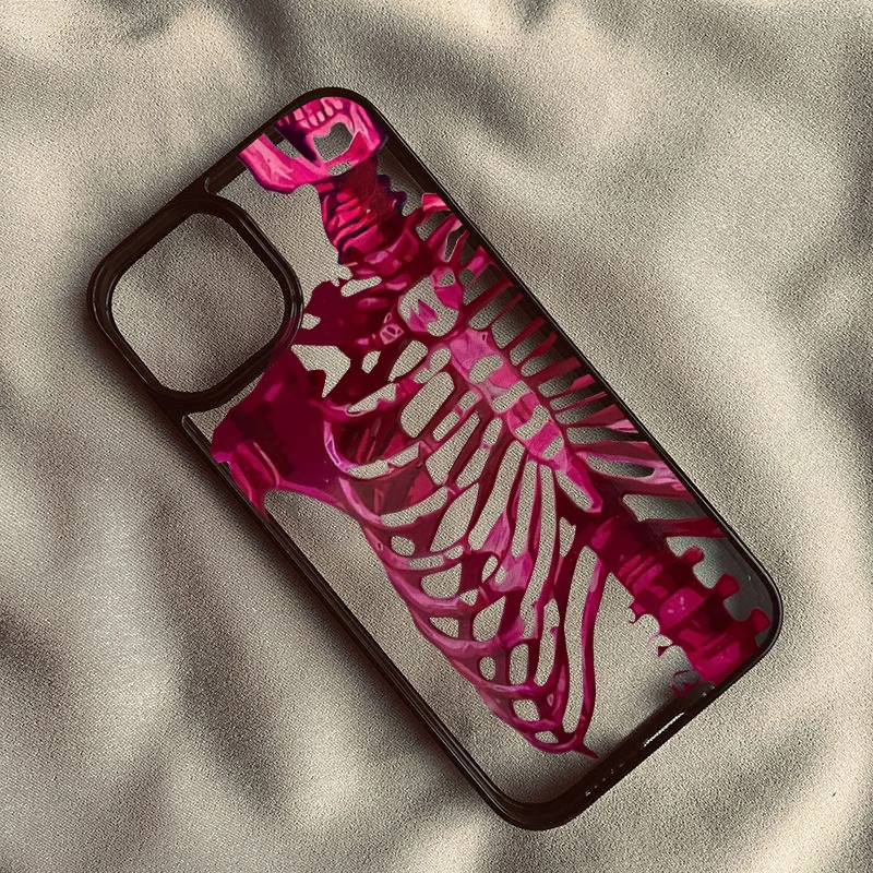 Pink Purple Skull Transparent Phone Case with Y2K Skeleton Print