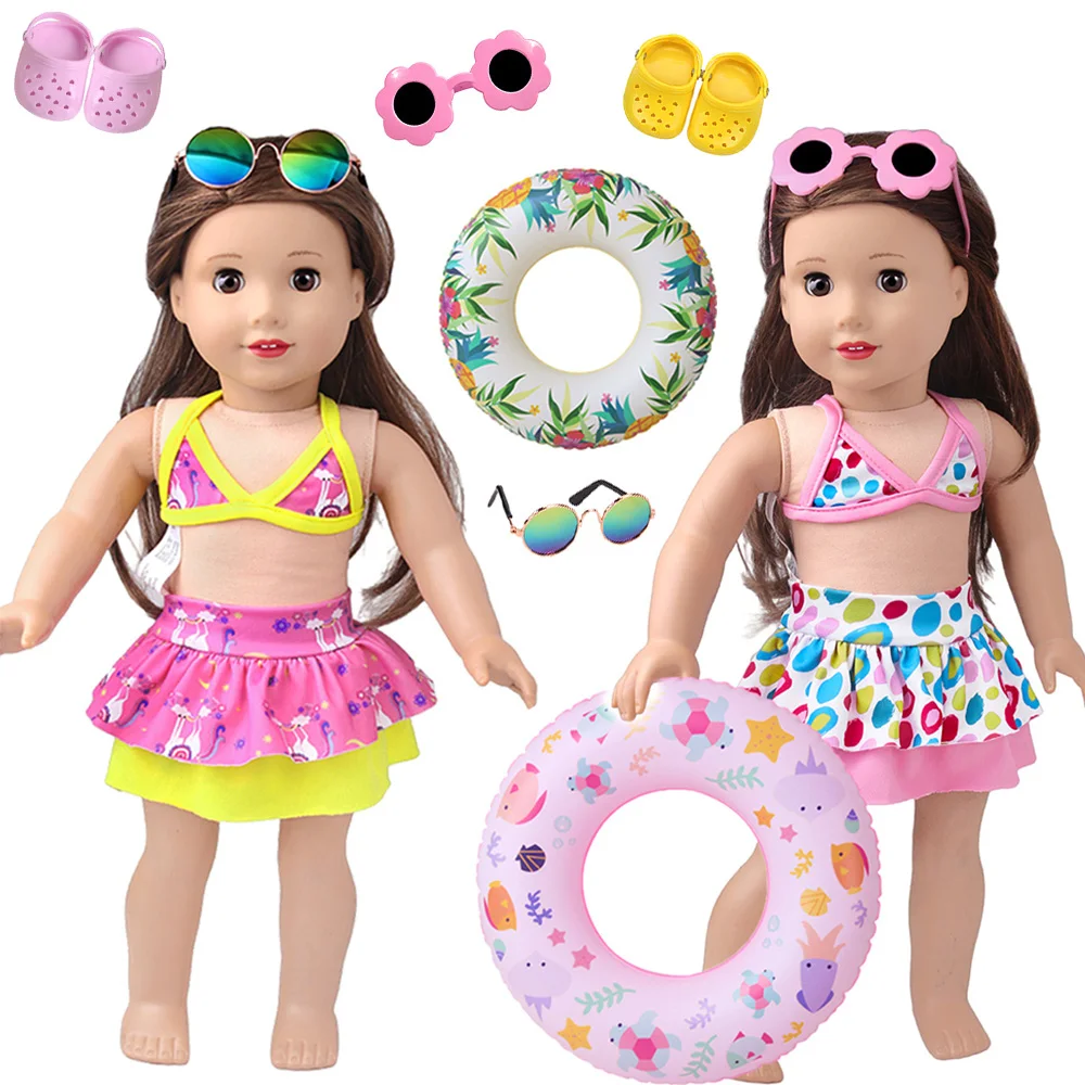 

Summer Doll Clothes Accessories Swimsuit Swimming Ring Beach Sunglasses Slippers Children's Toys for 18 Inch Dolls Kid's Gifts