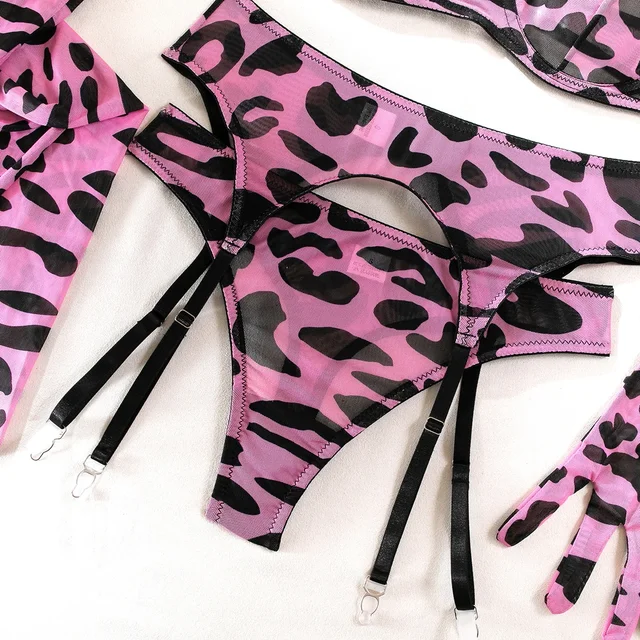 Pink Leopard Print Lingerie Set with Gloves and Stockings 5