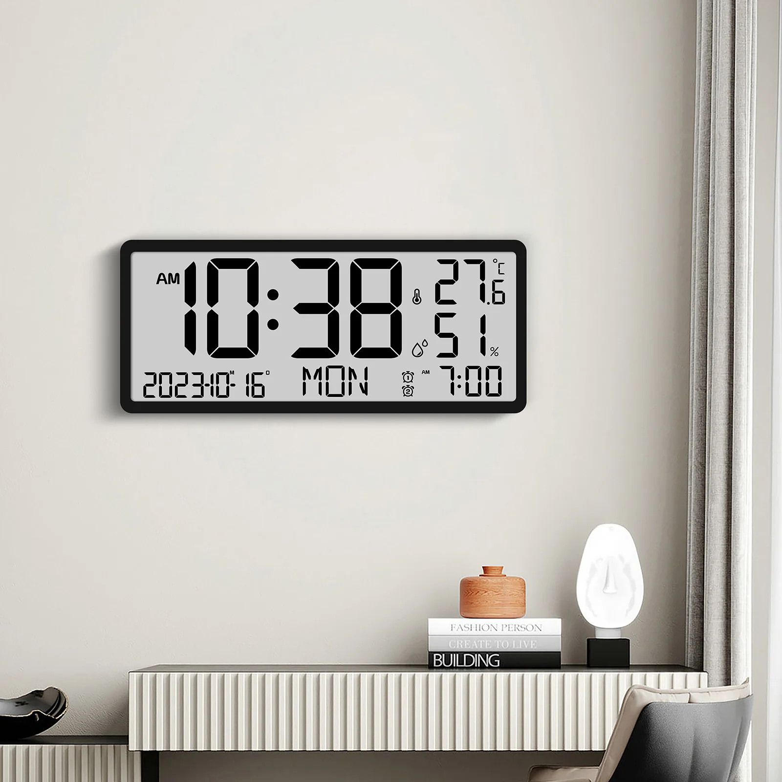 

LCD Large Screen Digital Wall Clock Multifunctional Time Temperature Humidity Display Simple Morden Style Electronic Clock