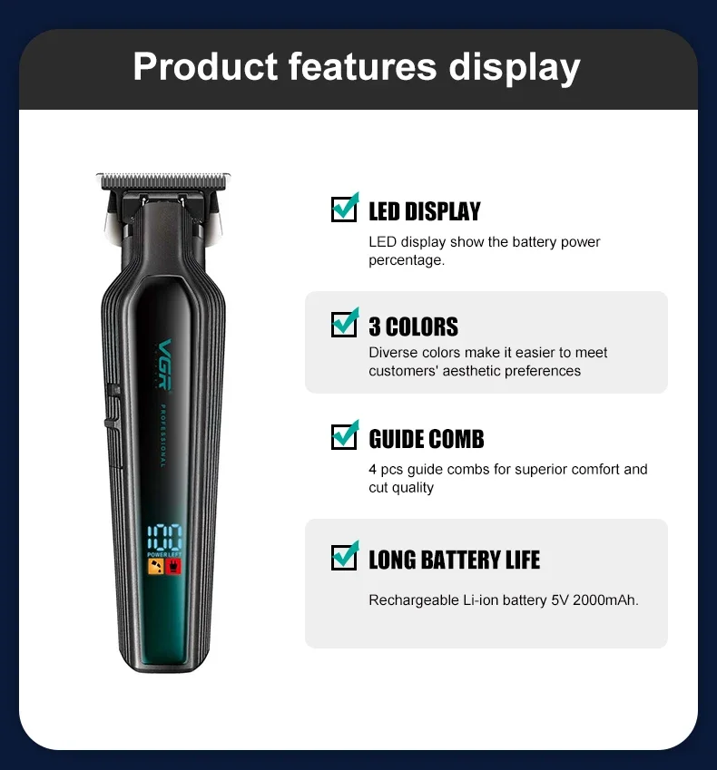 Description Picture 4 of itemVGR Hair Clipper Professional Trimmer Cordless Hair Cutting Machine Rechargeable Barber Digital Display Trimmer for Men V-930