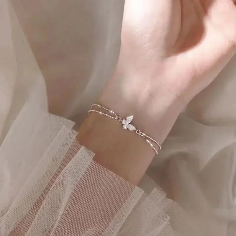 

Korean Sweet Crystal Flower Butterfly Cubic Zirconia Pendant Bracelet Women Round Adjustable Shiny Rhinestone Bangle Jewelry