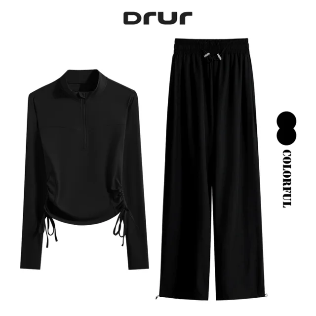 DRUR 2 pièces ensemble de Yoga pour les femmes avec manches longues côté cordon haut de sport et pantalons de survêtement costume automne course tenues de gymnastique S-3XL 1