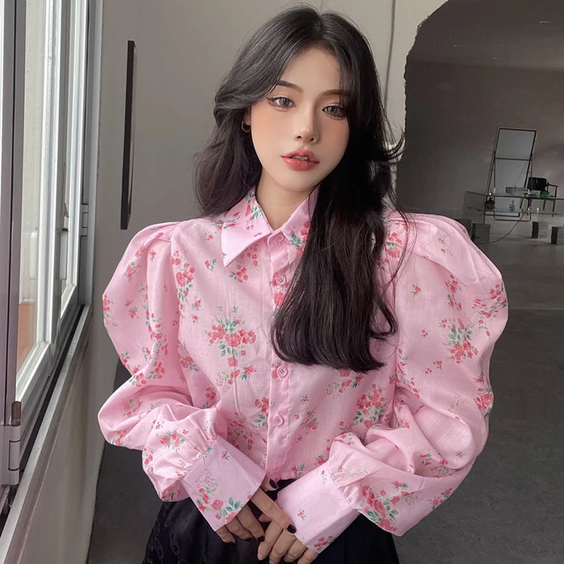 

Pink Floral Ladies Shirt Spring And Autumn 2022 New Fashion Bubble Long Sleeve Short Top Show Waist Temperament Shirt