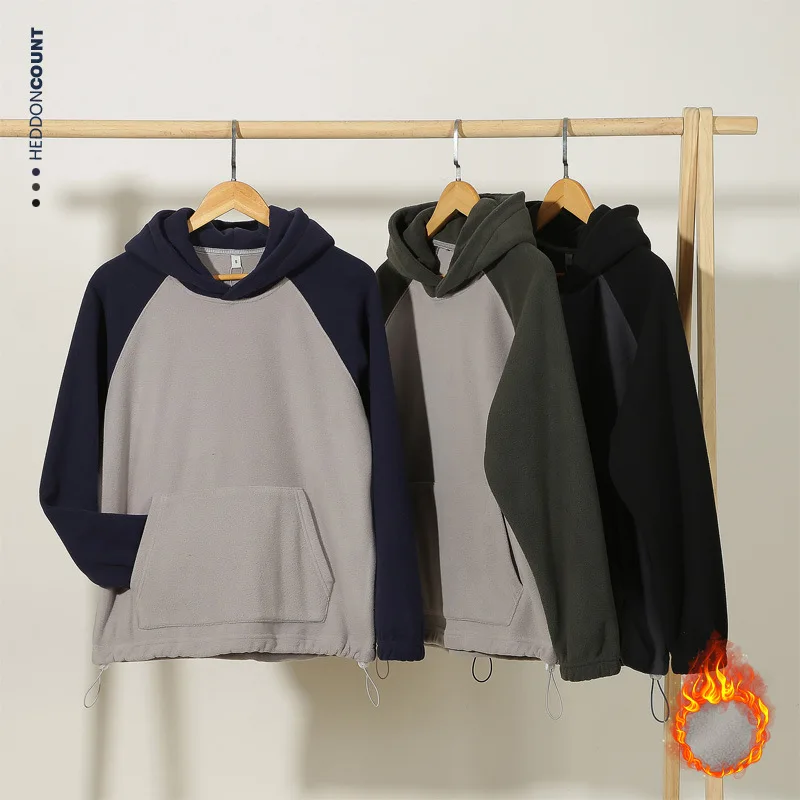 

Polar fleece hooded Sweater for Men In Autumn and winter 2023 New Patchwork Color Contrast Hoodie Loose Warm Hoodies Pullover