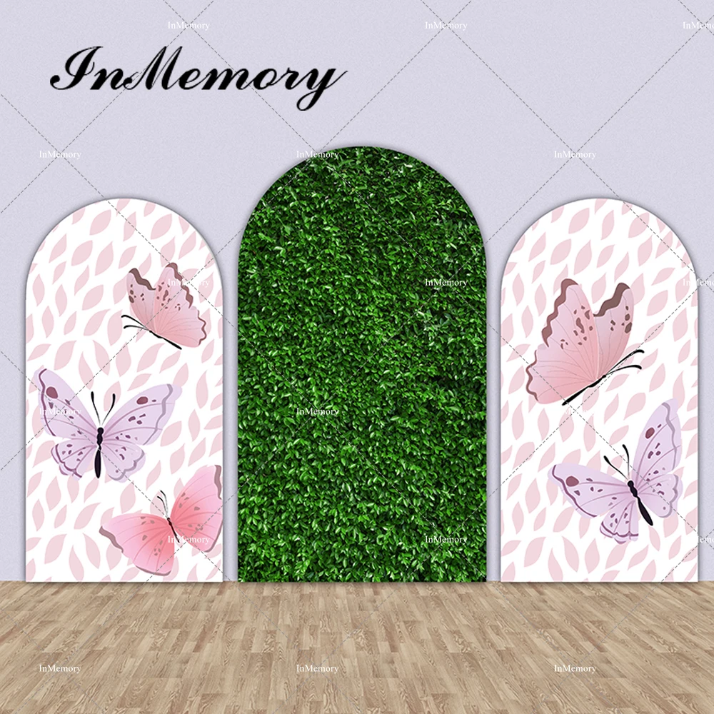 

InMemory Butterflies Arched Wall Backdrop Cover Green Grass Background for Kids Birthday Party Decoration Banner Photocall