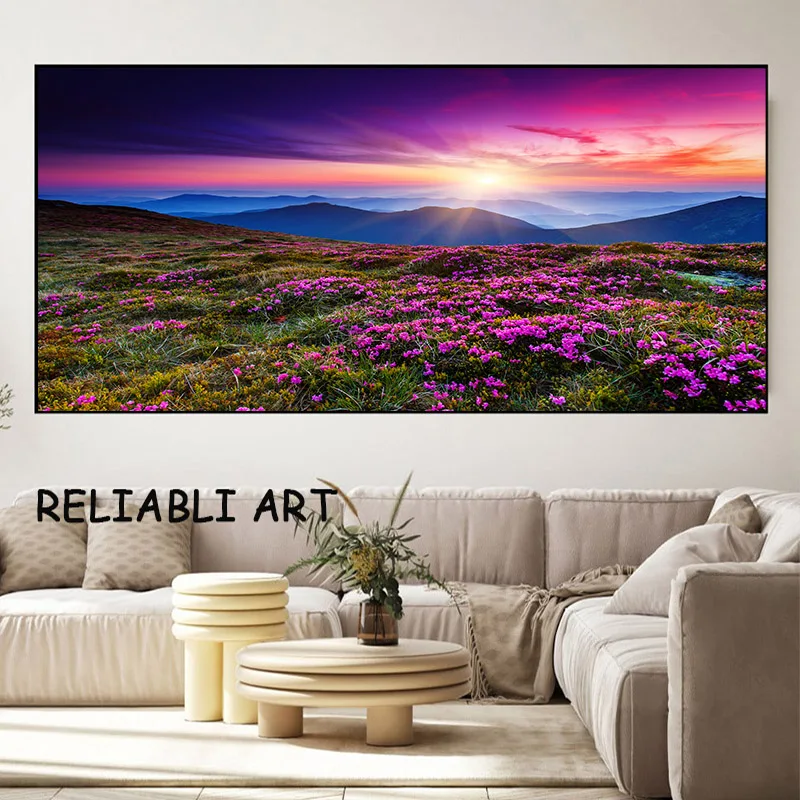 Pink Flower Sunrise Mountain Landscape Canvas Painting Wall Art Pictures Poster E Stampe Per Soggiorno Home Decor No Frame