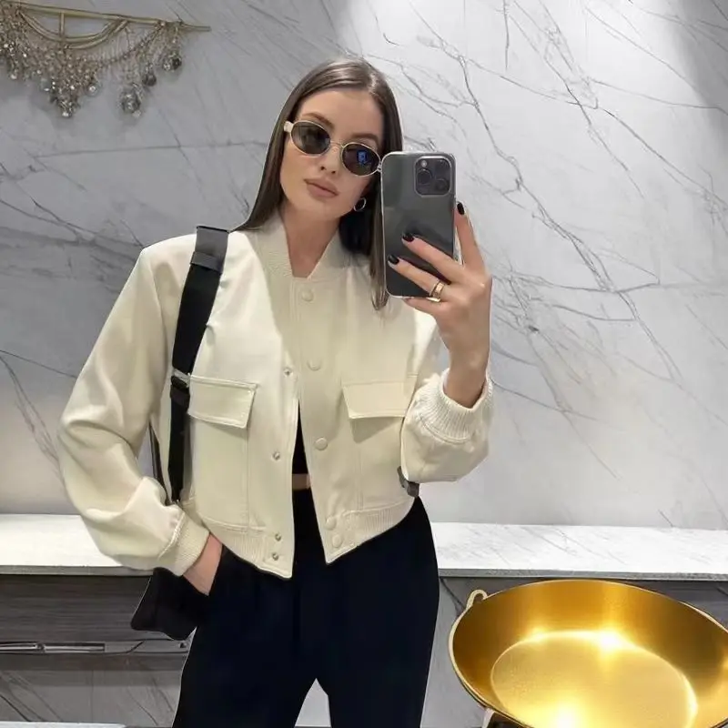 Jacket for Women Vintage Solid Long Sleeve Button Coat with Pocket Autumn Casual Female Bomber Jacket Chic Outerwear