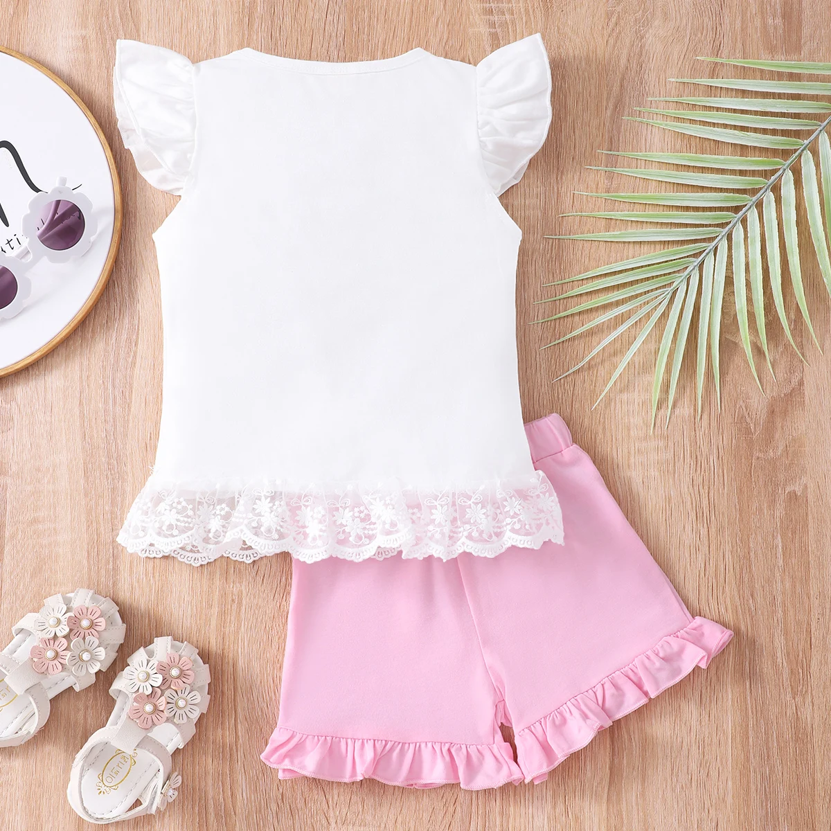 2-Piece Girl's Lace Edge Butterfly Ruffle Sleeve Top + Shorts Set Holiday/ Casual Outfit Summer Gift