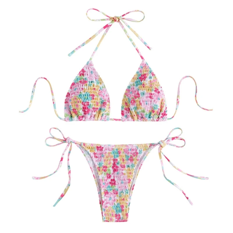 

Women Lacing Colorful Printed Swimsuits Sexy Small Chest Gathered Swimming Suit