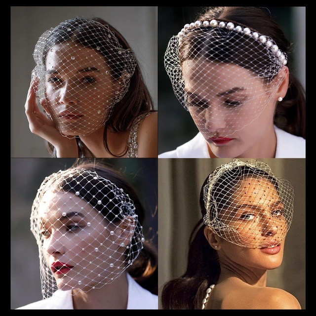 Birdcage veil with thick white pearl beaded headband for fashion