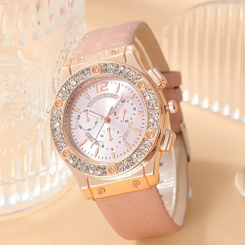 Elegant Women's Starry Diamond Dial Bracelet & Leather Band Watch Set