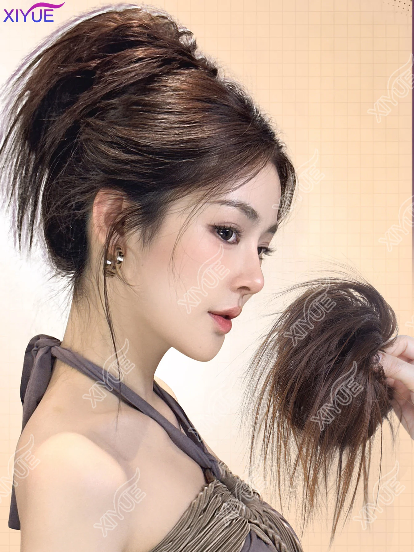 XY 합성 메시 헤어 번 피스 업두 가발 스크런치 붙임머리 곱슬 헤어피스 포니테일 시뇽 헤어밴드 여성용 헤어 번