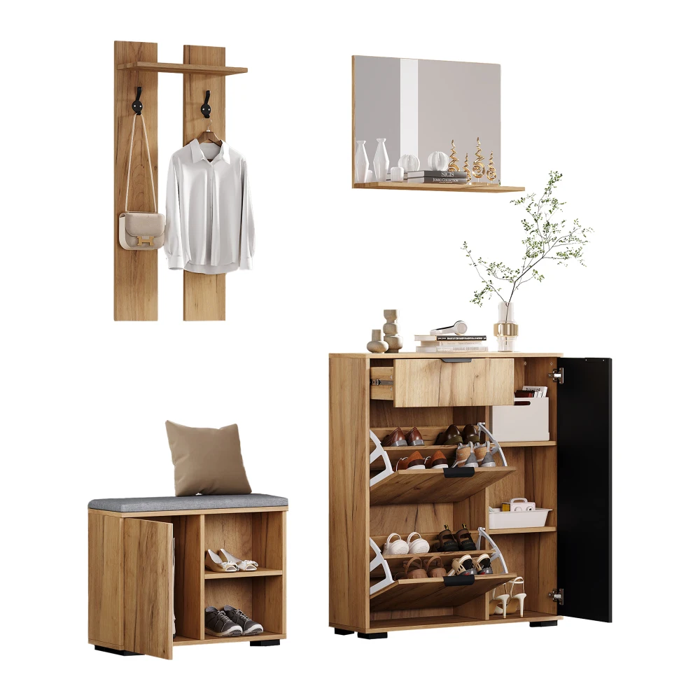 Multifunktionales Flur-Garderobenset Wandmontierter Eingangsbereich-Schrank mit Schuhbank Schuhschrank 1 Spiegel 1 Schublade 2 Haken – Detail 15