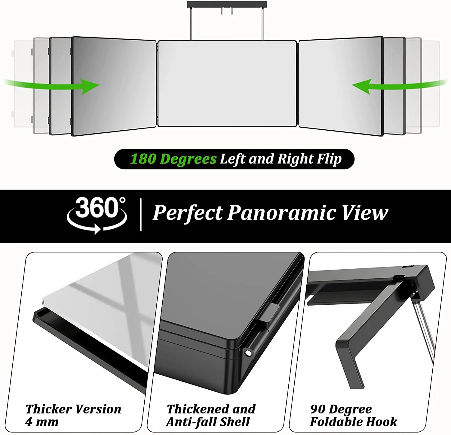 Makeup Mirror Trifold 360 Degree Hanging Mirror Full View Height Extend Bathroom Tri-fold Man Hairstyle Self Cut Shaving