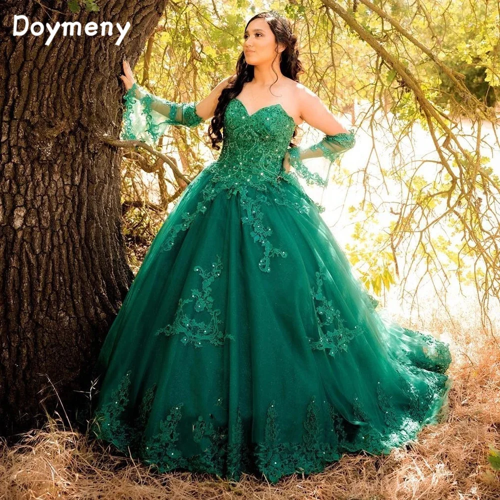 

Doymeny Modern Flare Long Sleeves Quinceanera Dresses Beaded Appliques Vestido De 15 Anos Sweet 16 Dress Personalised