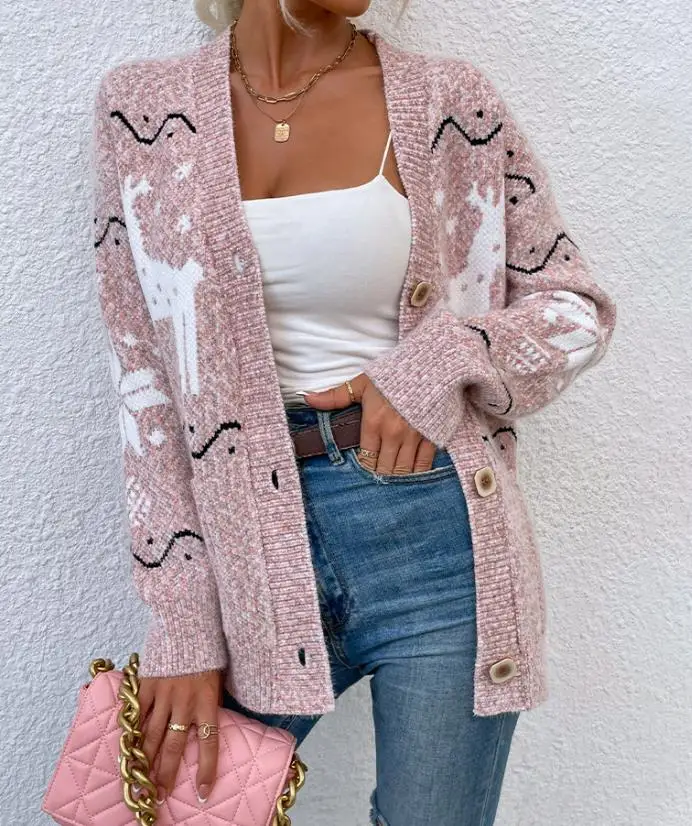 

Knitted V-Neck Single Breasted Christmas Deer Cardigan Sweater 2023 New Hot Selling Women's Fashion Autumn and Winter Clothing