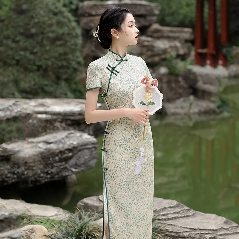 

Yourqipao Summer Green Lace Daily Cheongsam Improvement Stand-up Collar Slim Retro Fashion Qipao Chinese Style Dress for Women
