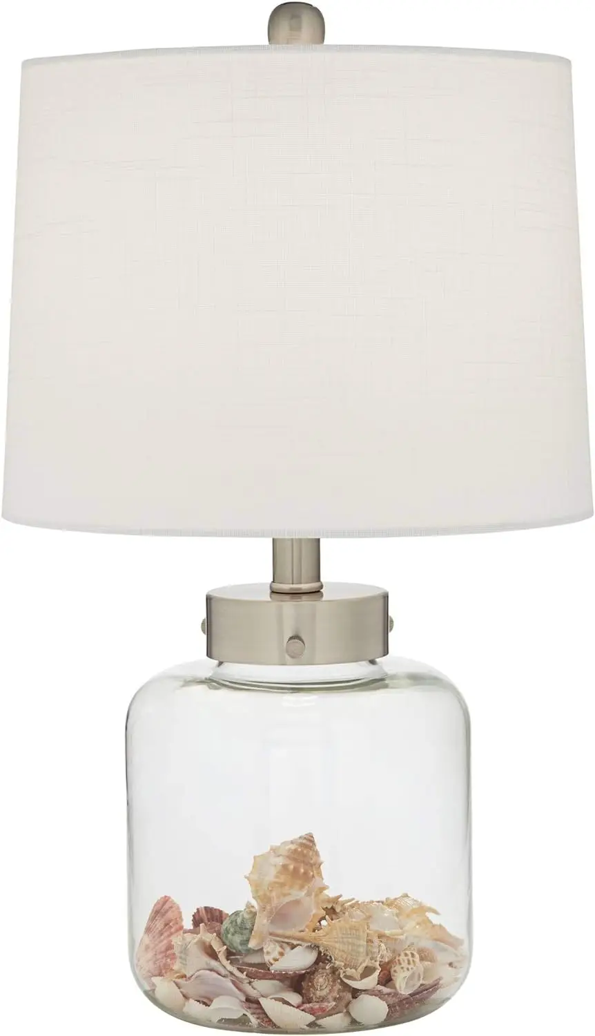 

Coastal Accent Table Lamp Fillable 20.5" High Clear Glass Sea Shells Off White Linen Fabric Drum Shade for Living Room Bedro Pap