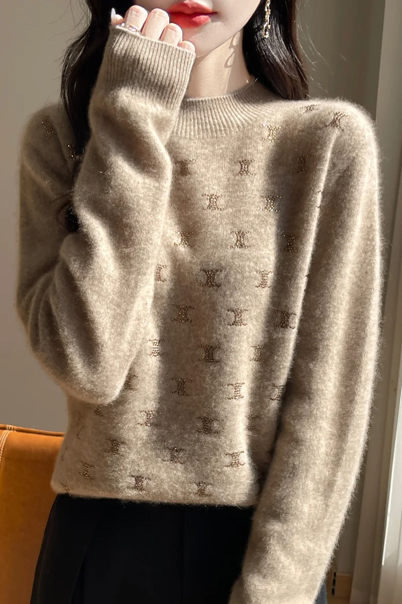 Fall/Winter new 100% Merino wool cashmere sweater Women's half turtleneck pullover double C warm bottom knit shirt top 4