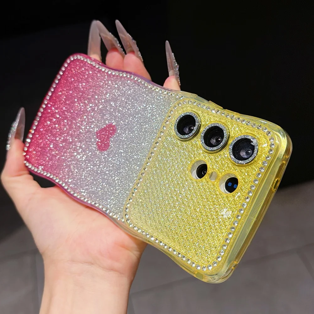 Super Glitter Diamonds Love Heart Phone Case with Wave Gradient and Camera Protection