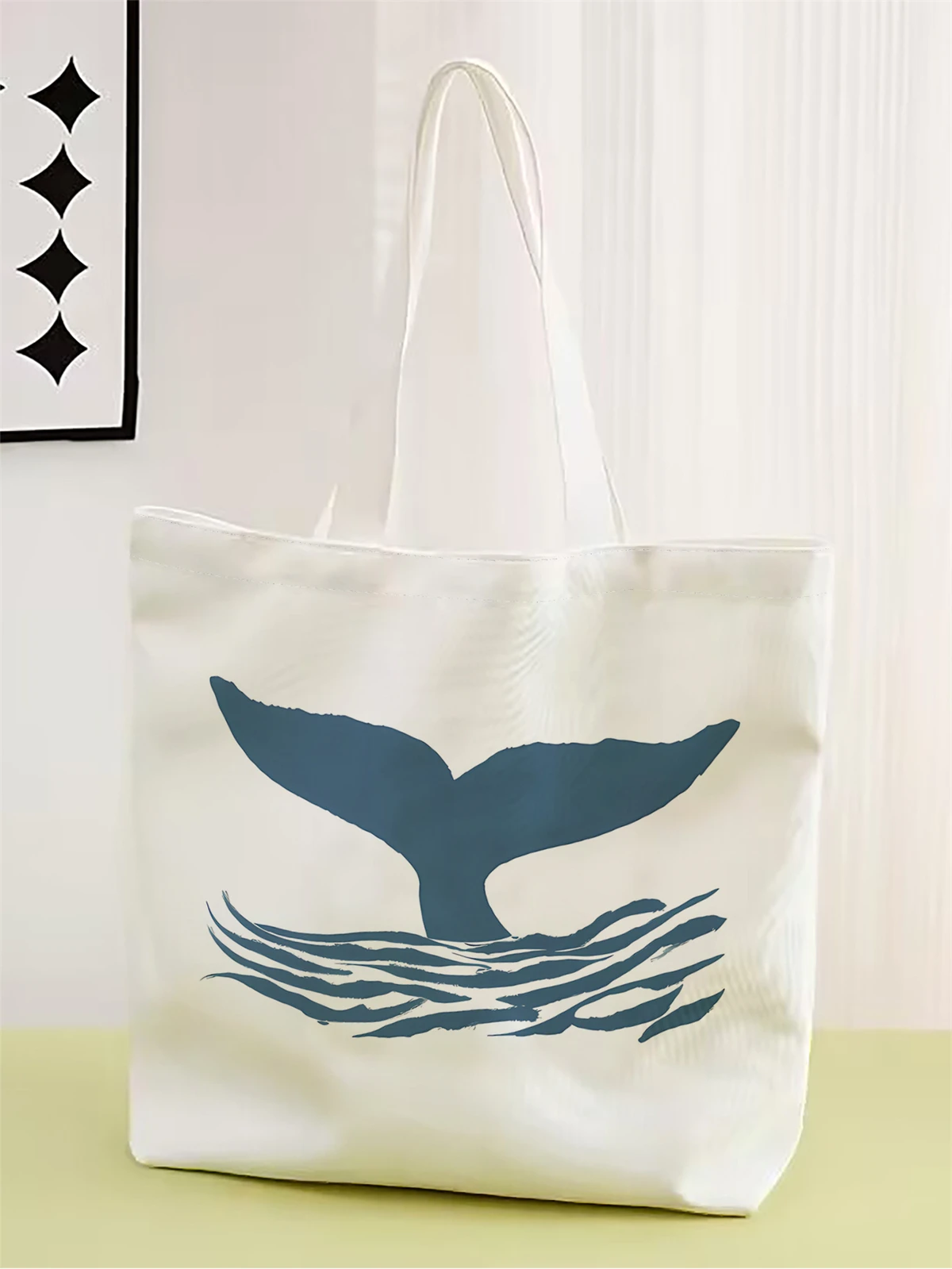 1pc,blue fish tail pattern handbag, reusable fashionable handbag, multifunctional handbag, printed canvas shopping bag