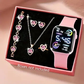 6-piece set of fashion electronic watch necklace earrings ring set for teenagers boys and girls, the best choice for frien