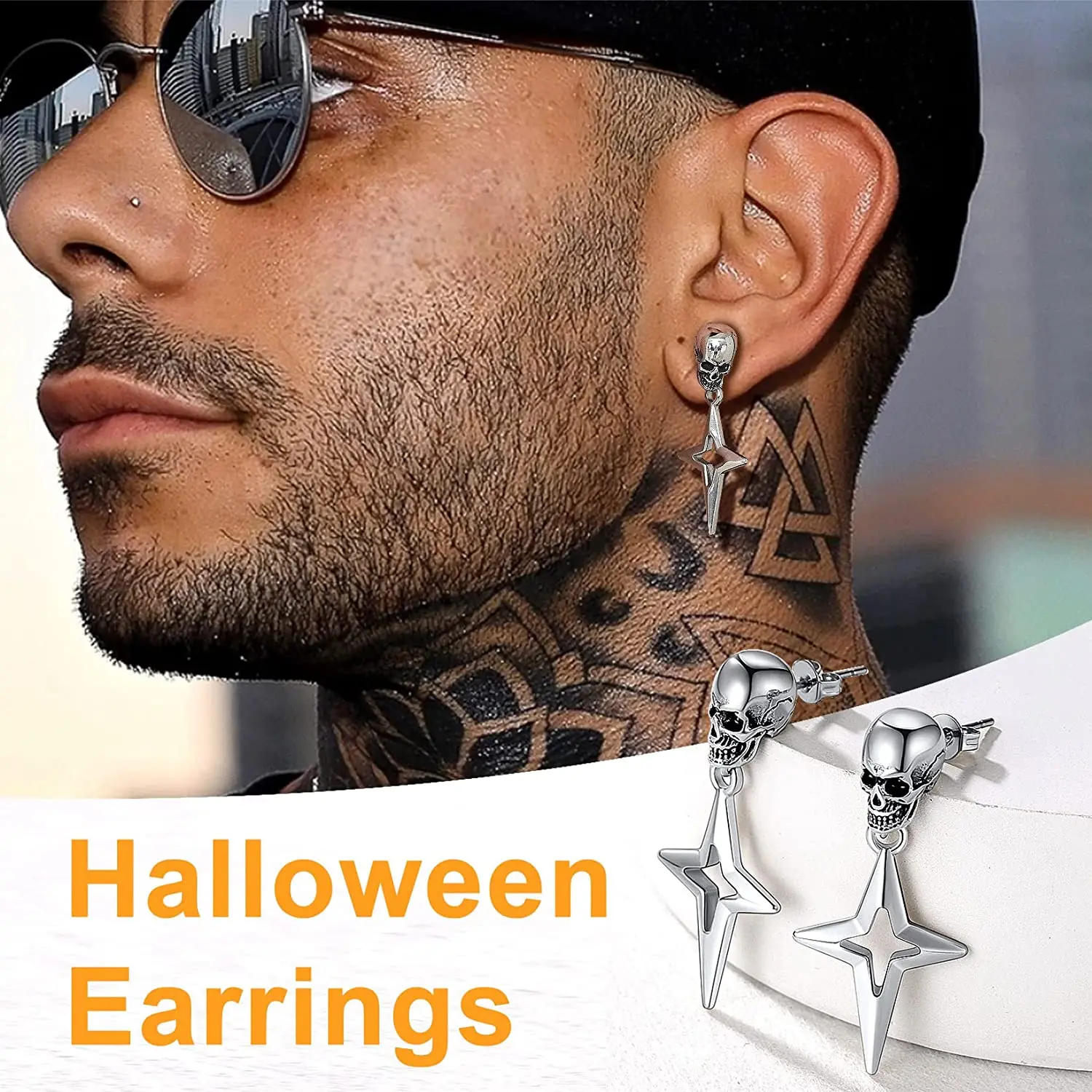 Stainless Steel Skull Head Star Dangle Earrings-Animals Aso