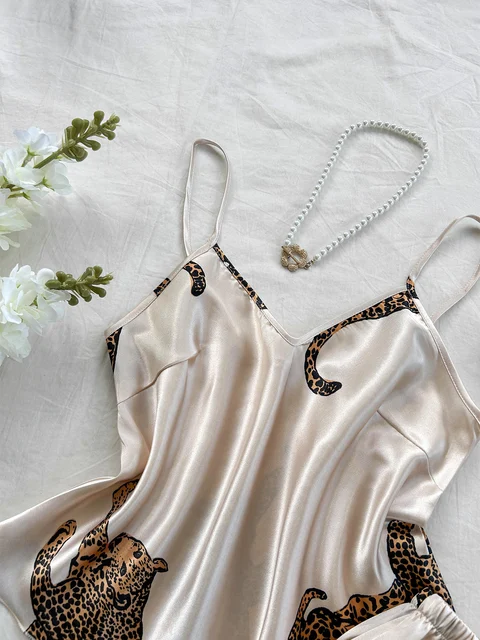 Conjunto de pijama con pantalones largos y tirantes con estampado de leopardo y cuello en V, cómodo y moderno, 2 uds. 5