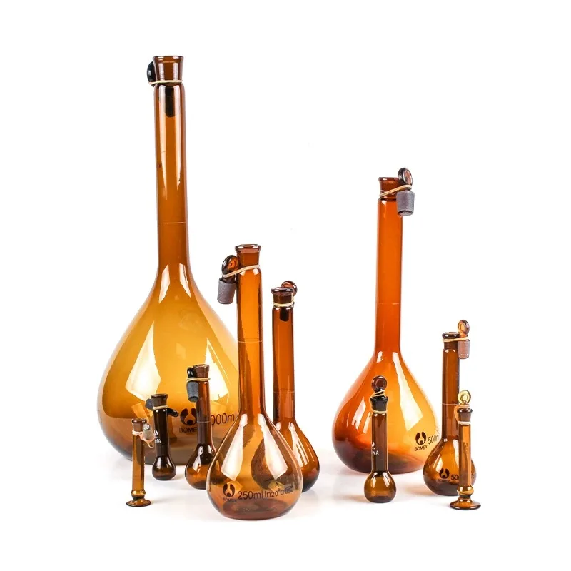 1/2/5/10/25/50/100/200/500/1000ml Class A Borosilicate Glass Lab Brown Volumetric Flask With Stopper lab volumetric flask