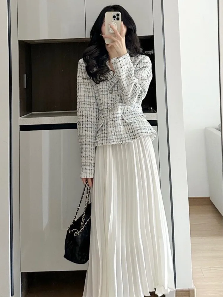 

Women Elegant White Skirt Suits Autumn Plaid Blazer Coat Lady Casual A-line Pleats Midi Skrit French New Female Spring Clothes
