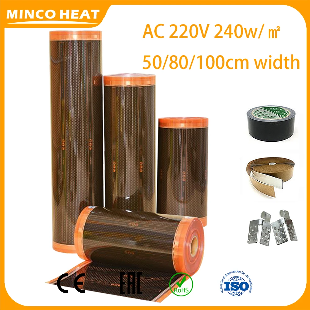 Minco Heat AC220V 220~240w/m2 New Orange Save Energy Infrared Graphene PTC Heating Film 5~50㎡ and Installation Kit